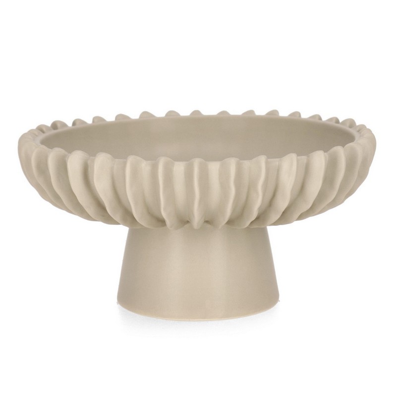 Alzata in ceramica beige costolata